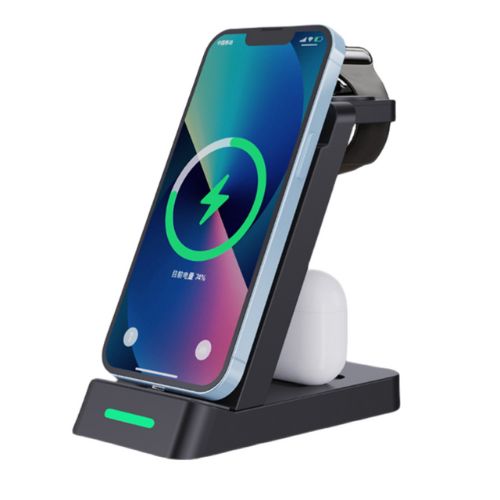 Cargador inalámbrico 3 en 1 de 10 W, soporte de escritorio plegable con adaptador de fuente de alimentación, compatible con iPhone